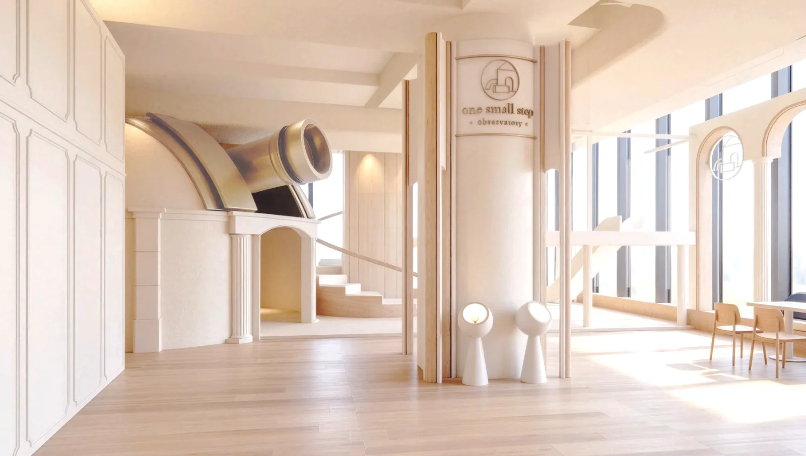 Observatory at AIRSIDE: a warm beige play space with a large telescope, arched windows and timber details